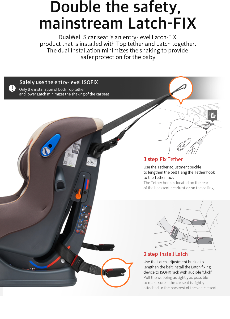 DAIICHI Dualwell S carseat car seat is an entry-level Latch-FIX product that is installed with Top tether and Latch together. The dual installation minimizes the shaking to provide safer protection for the baby.