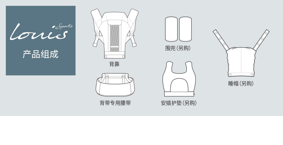 产品组成: 背靠, 围兜, 背带专用腰带, 睡帽, 安插护垫 