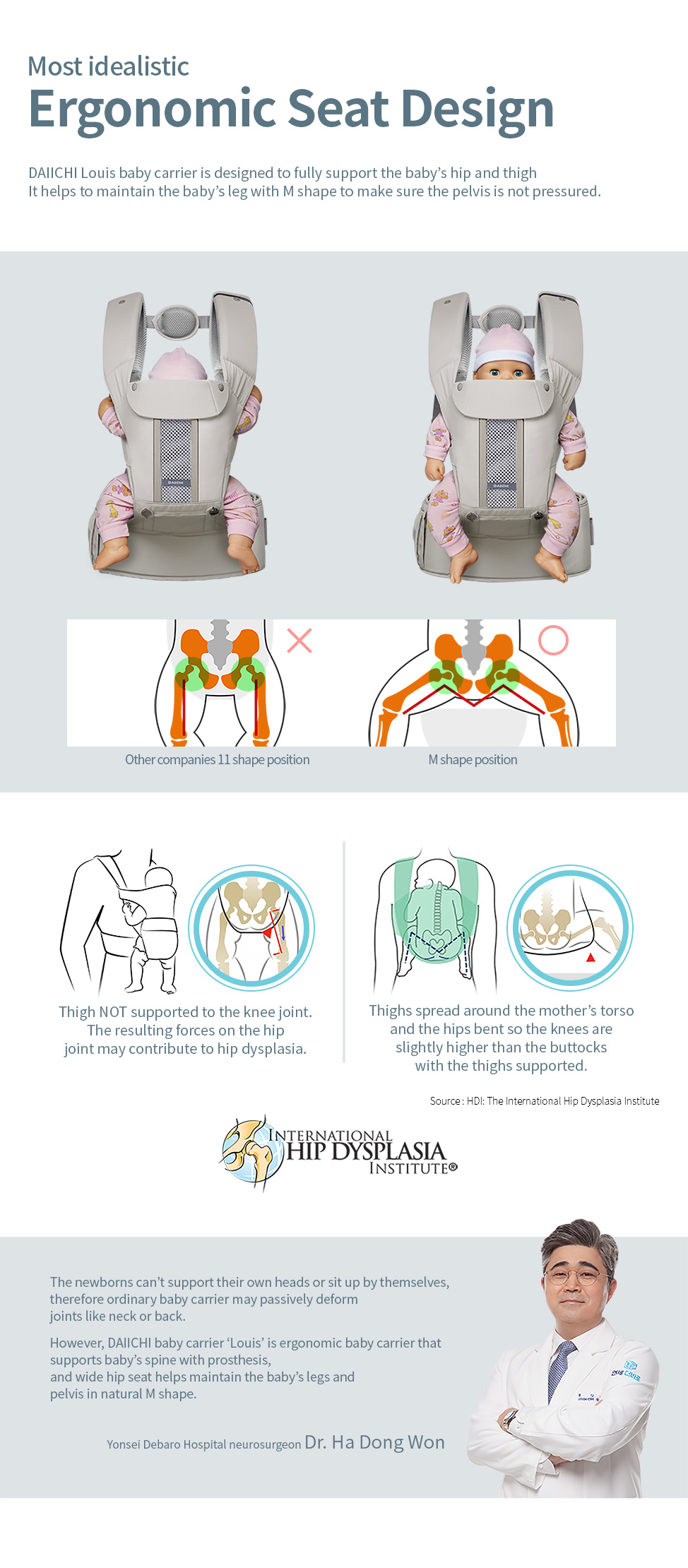 DAIICHI Louis baby carrier is designed to fully support the baby’s hip and thigh. It helps to maintain the baby’s leg with M shape to make sure the pelvis is not pressured.