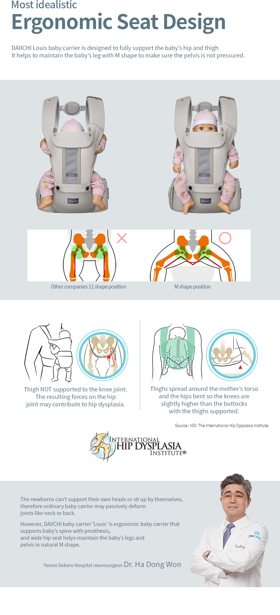 DAIICHI Louis baby carrier is designed to fully support the baby’s hip and thigh. It helps maintain the baby’s leg in M shape so that the pelvis is not pressured.