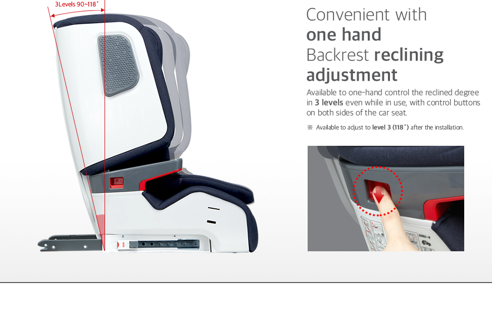 Available to one-hand control the reclined degree in 3 levels even while in use, with control buttons on both sides of the car seat.